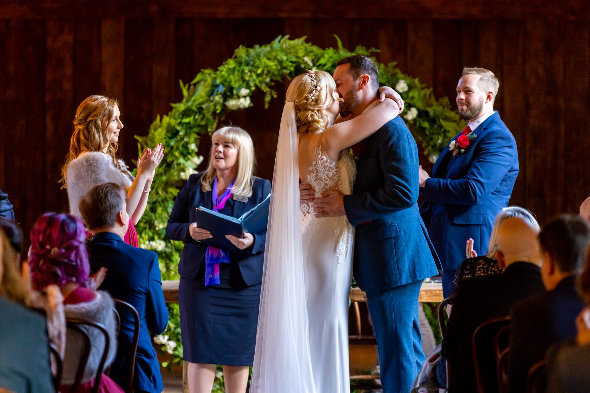 First kiss at Shustoke Barn Wedding