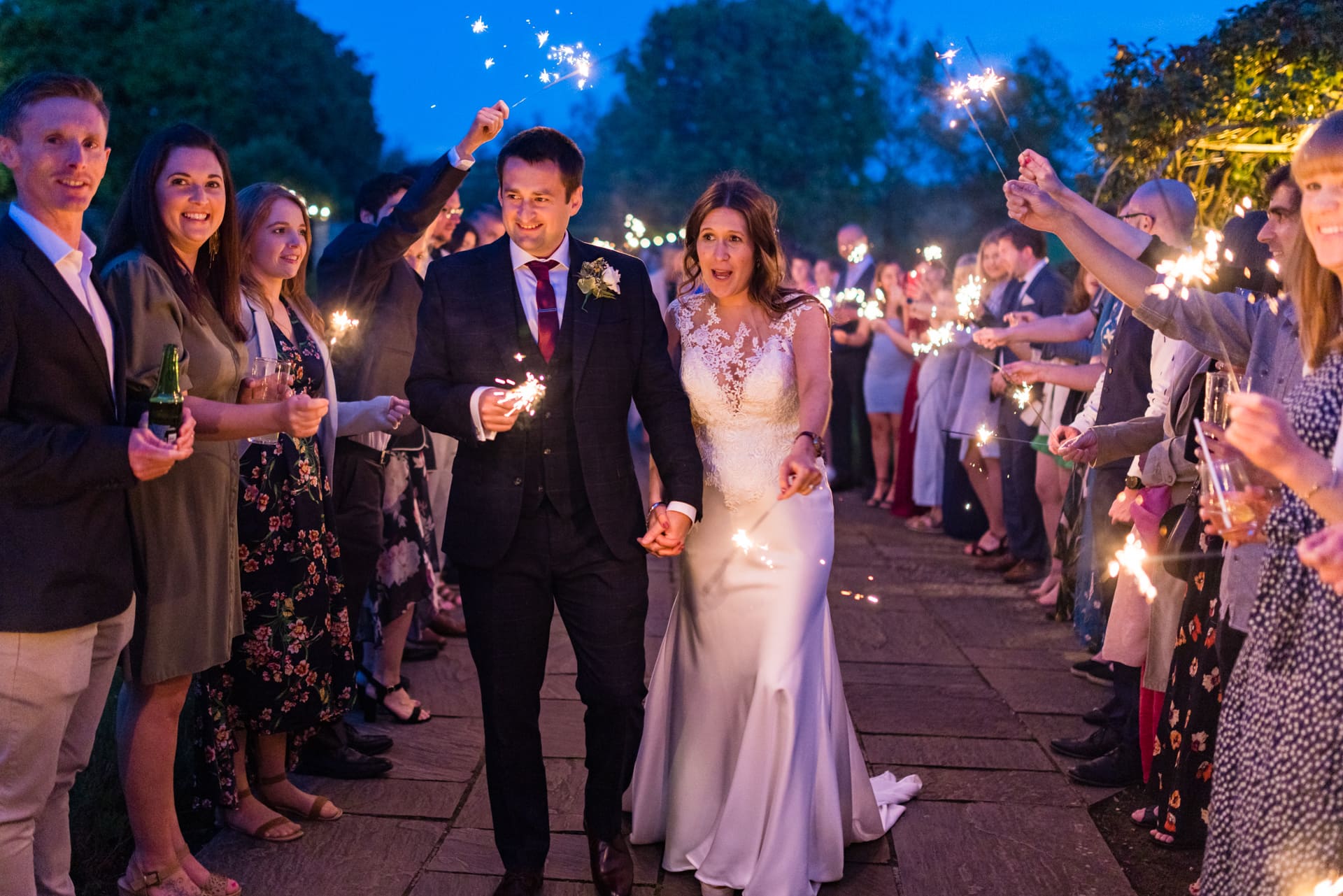 Bride and Groom sunset sparklers at Priston Mill Wedding Venue