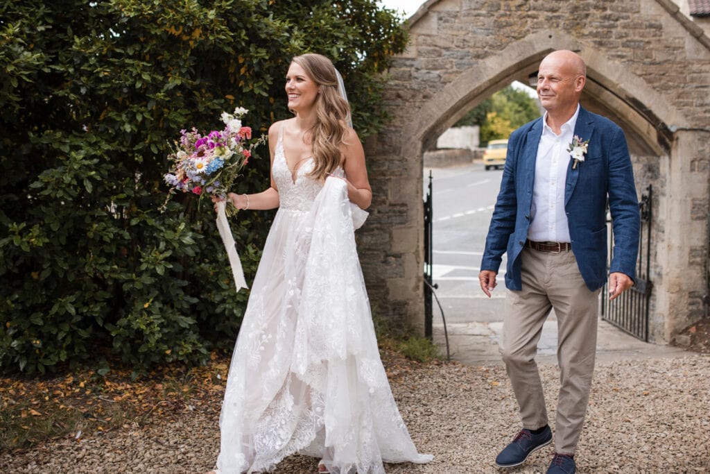 Bride arriving at All Saints Church, Sutton Benger
