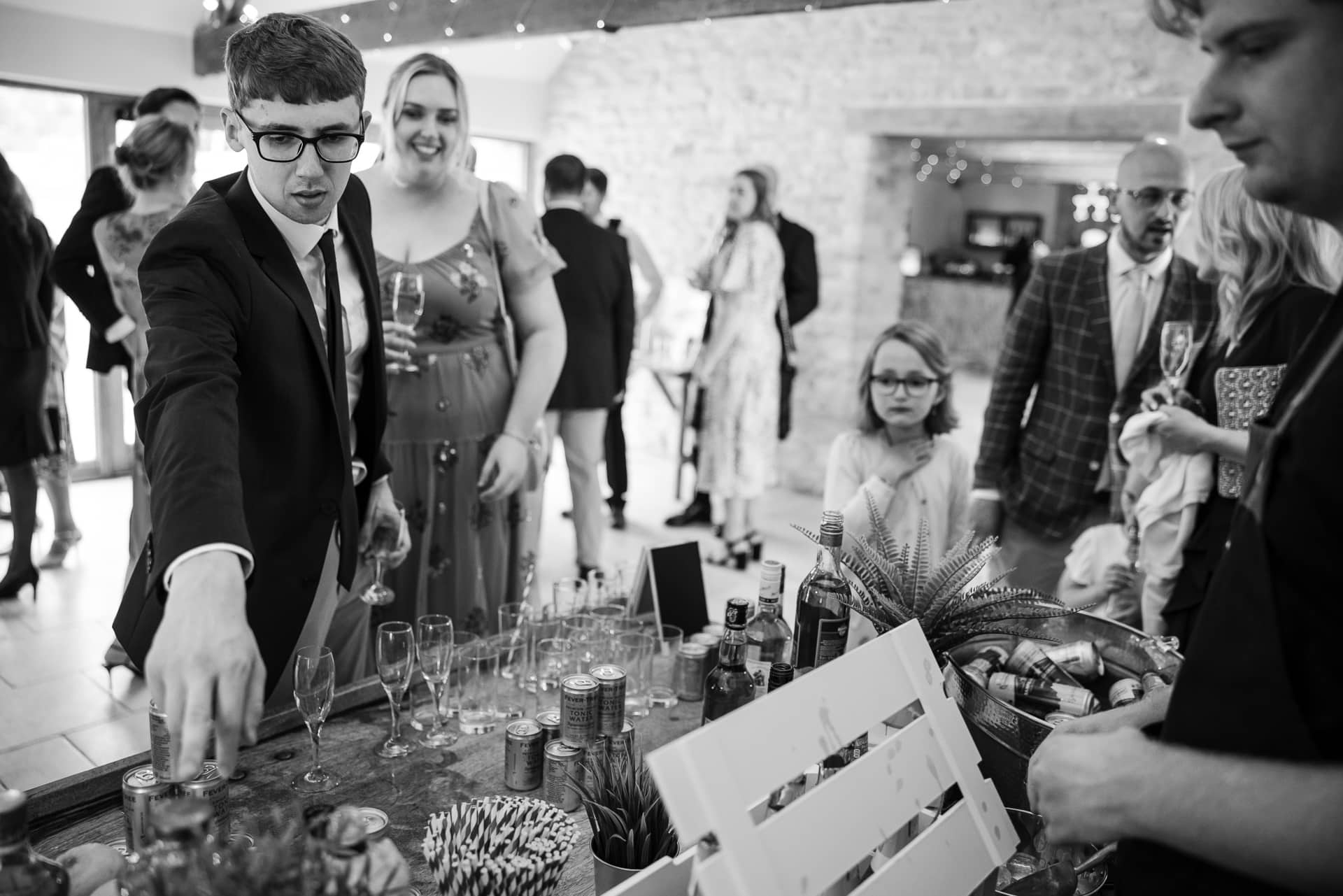 The wedding reception drinks at Kingscote Barn
