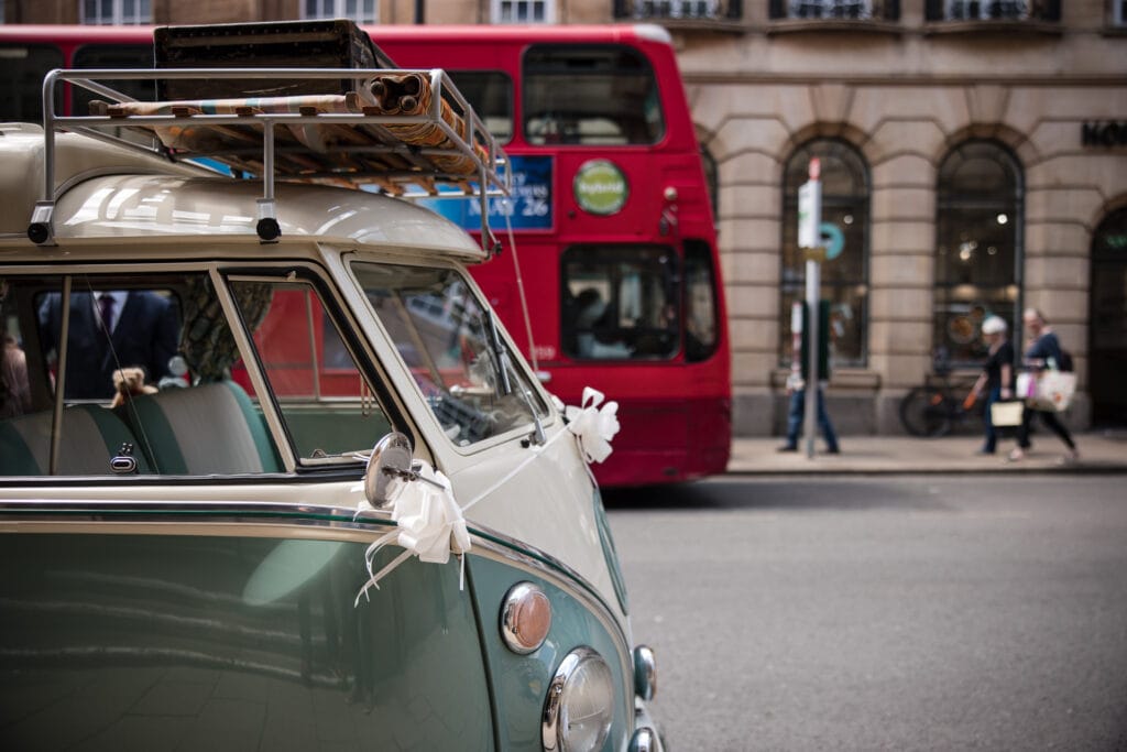 Campervan and Red Double Decker in the centre of Oxford