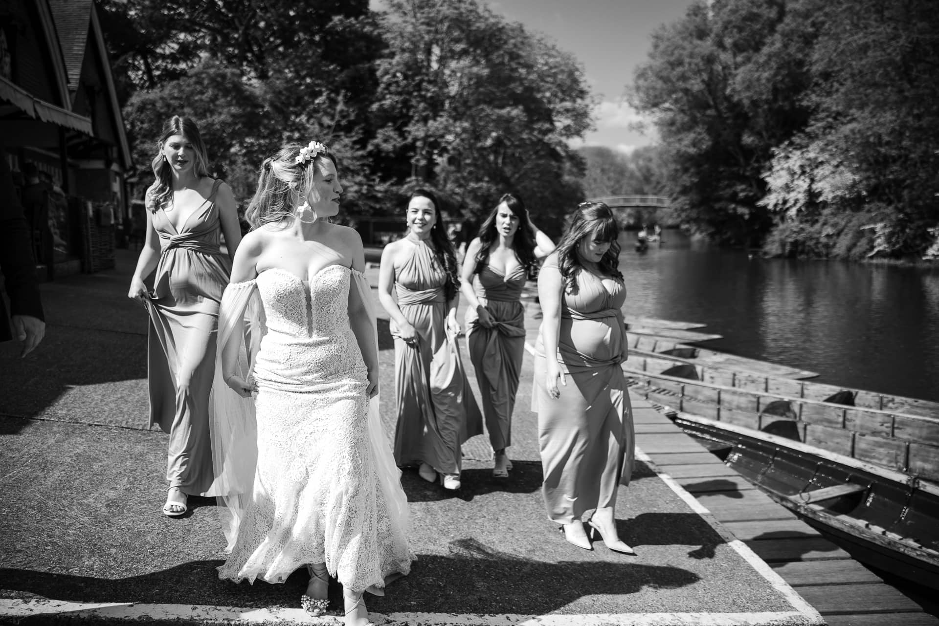 Bride and Bridesmaids next to the River Cherwell at the Cherwell Boathouse