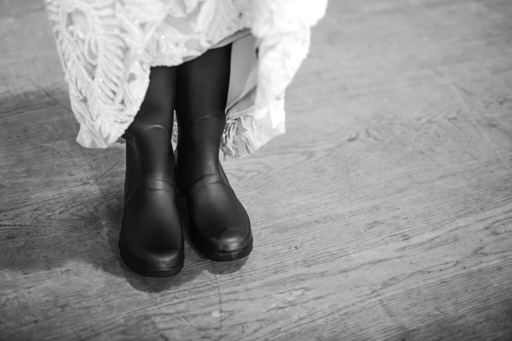Bride in wellington boots at the Crown and Thistle.