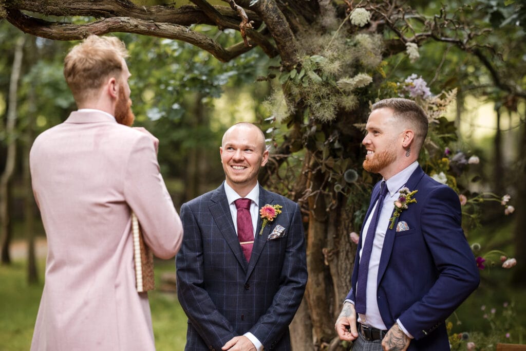 Groom, best man waiting for the Bride at the Endeavour Woodland outdoor wedding.