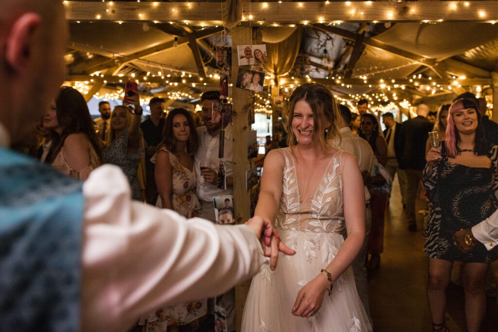 Bride and Groom first dance in the main barn at the Endeavour Woodland wedding venue