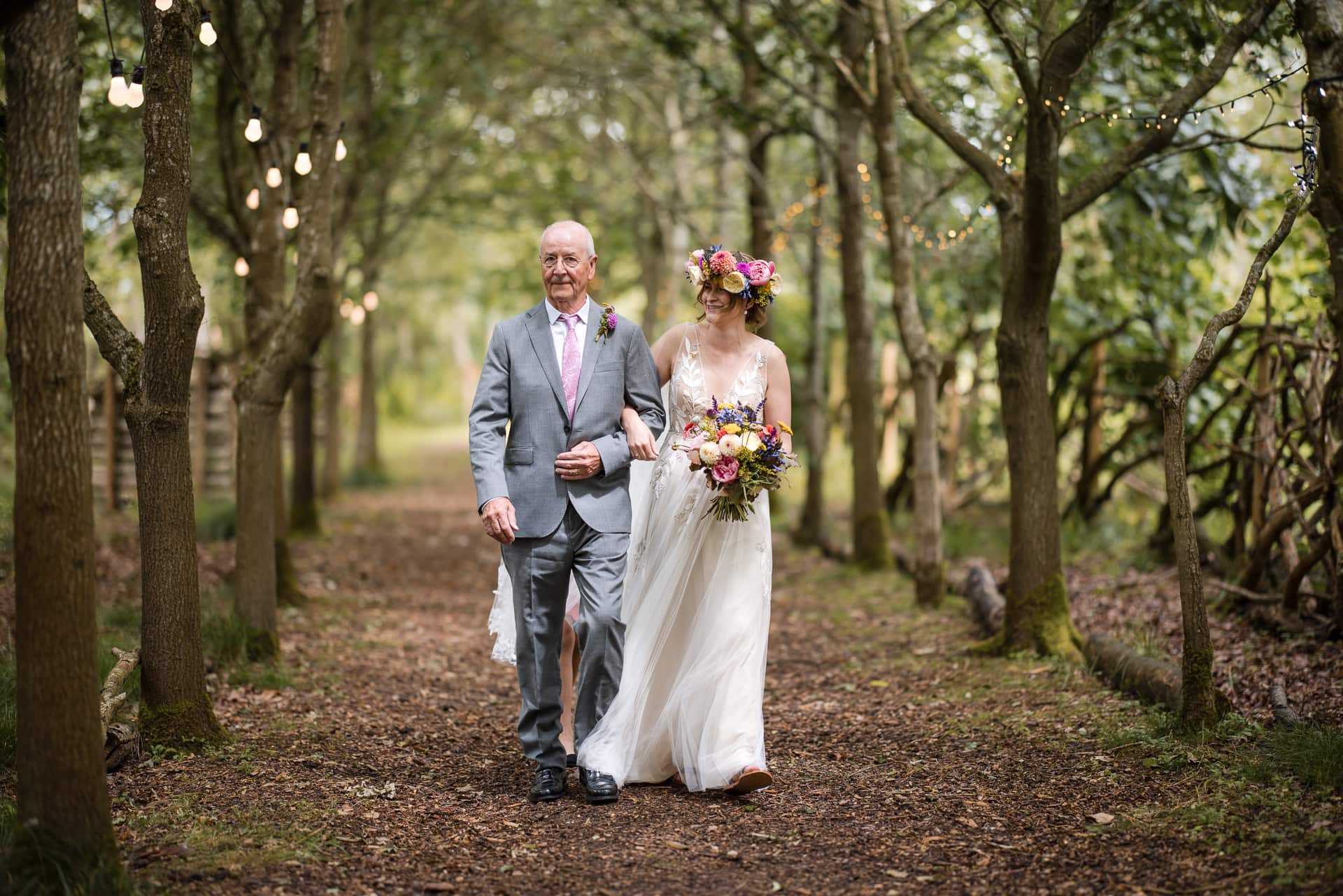 Father and Bride arrive at the Endeavour Woodland wedding venue