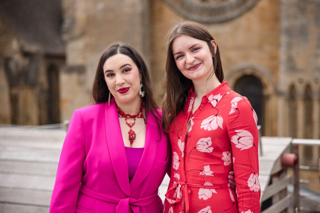 Bride portrait with one of her friends on the roof terrace at Corpus Christi College Oxford