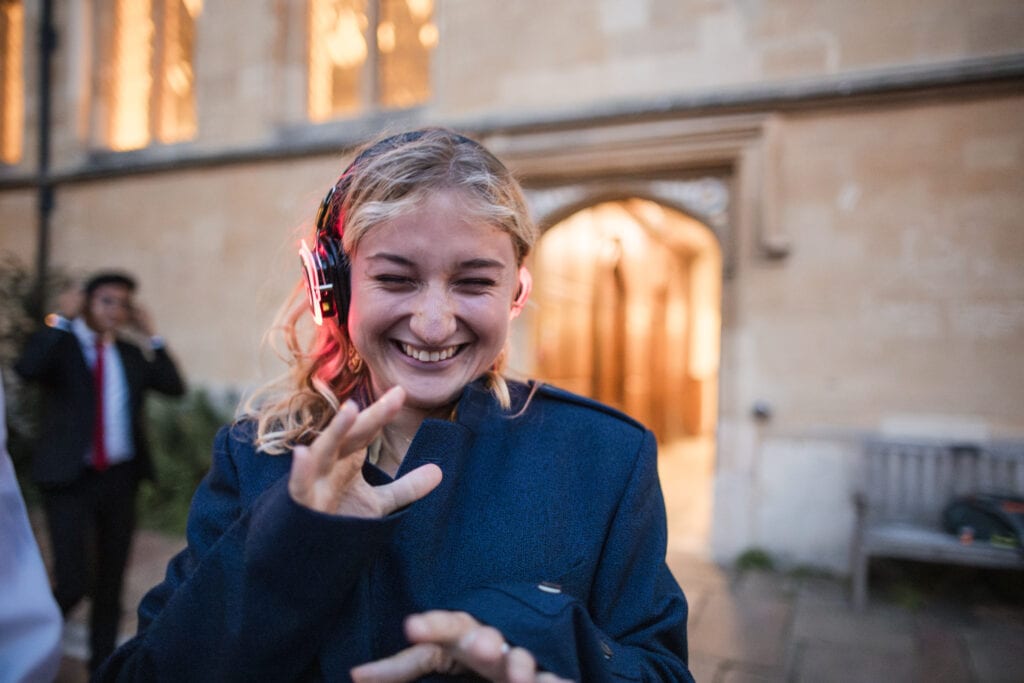 Silent Disco dancing in the Quad at Corpus Christi College Oxford