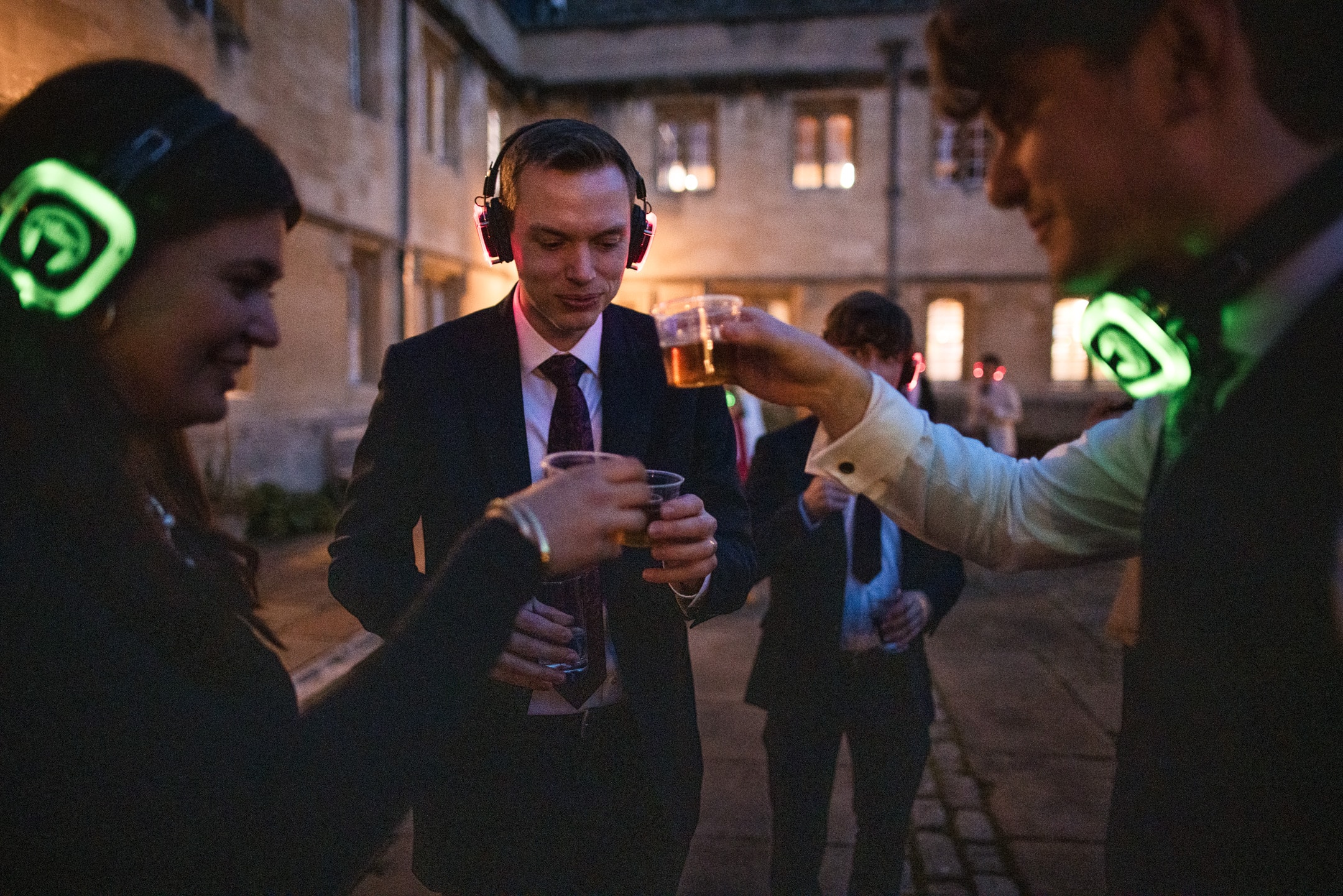 Shot drinks at a Silent Disco at a Corpus Christi College Oxford Wedding