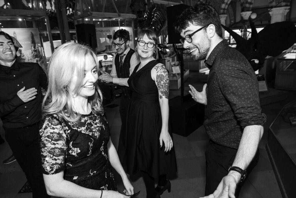 Couple dancing at the Oxford Natural History Museum wedding reception