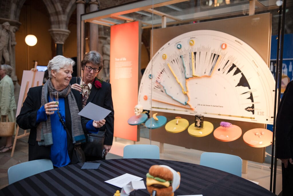 Two guests reading a storyboard at the Oxford Natural History Museum Wedding