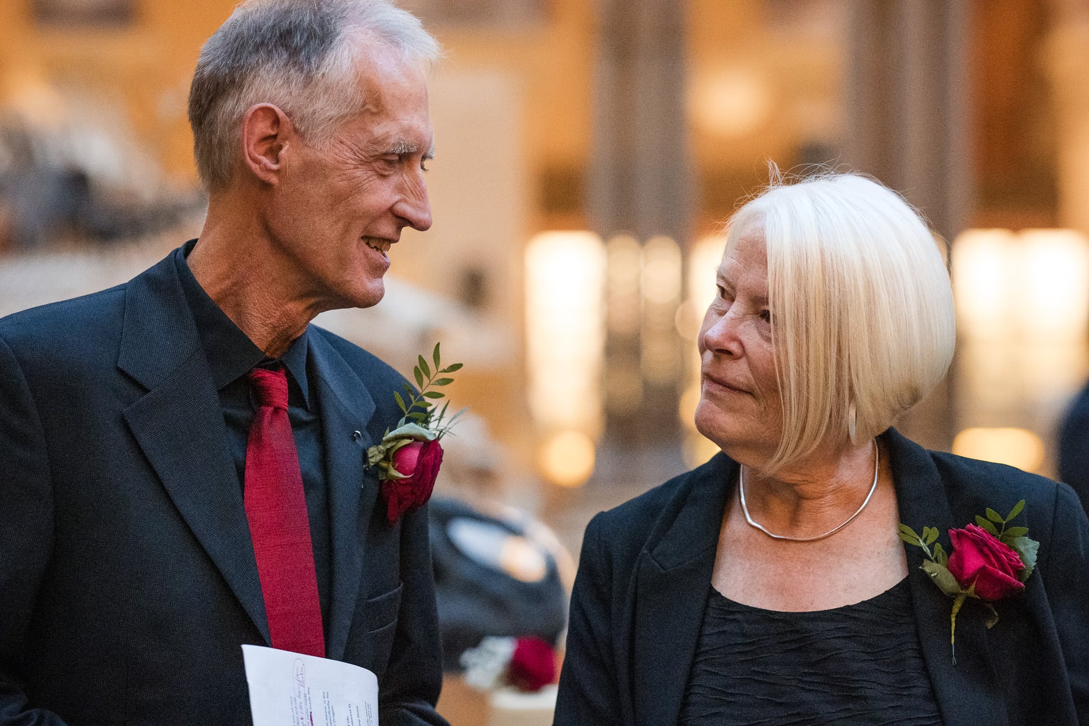 Mother and Father looking at each other at the Oxford Natural History Museum Wedding