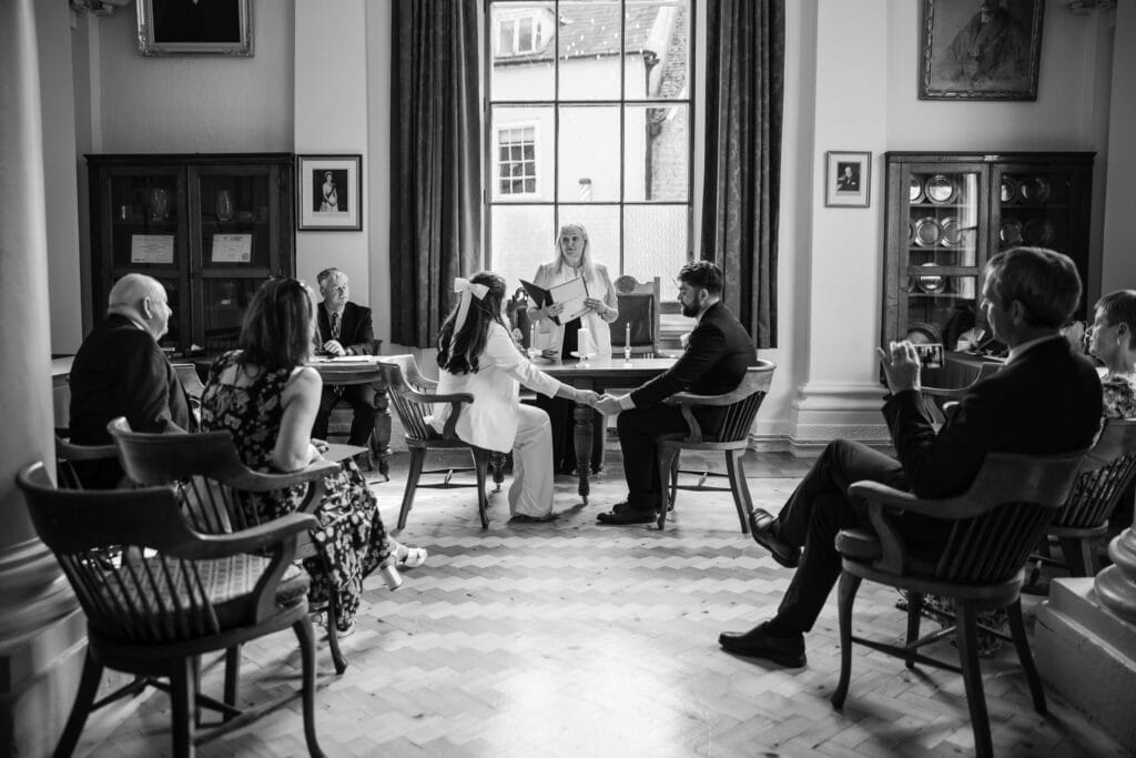 A wide vista of small wedding at Woodstock Townhall